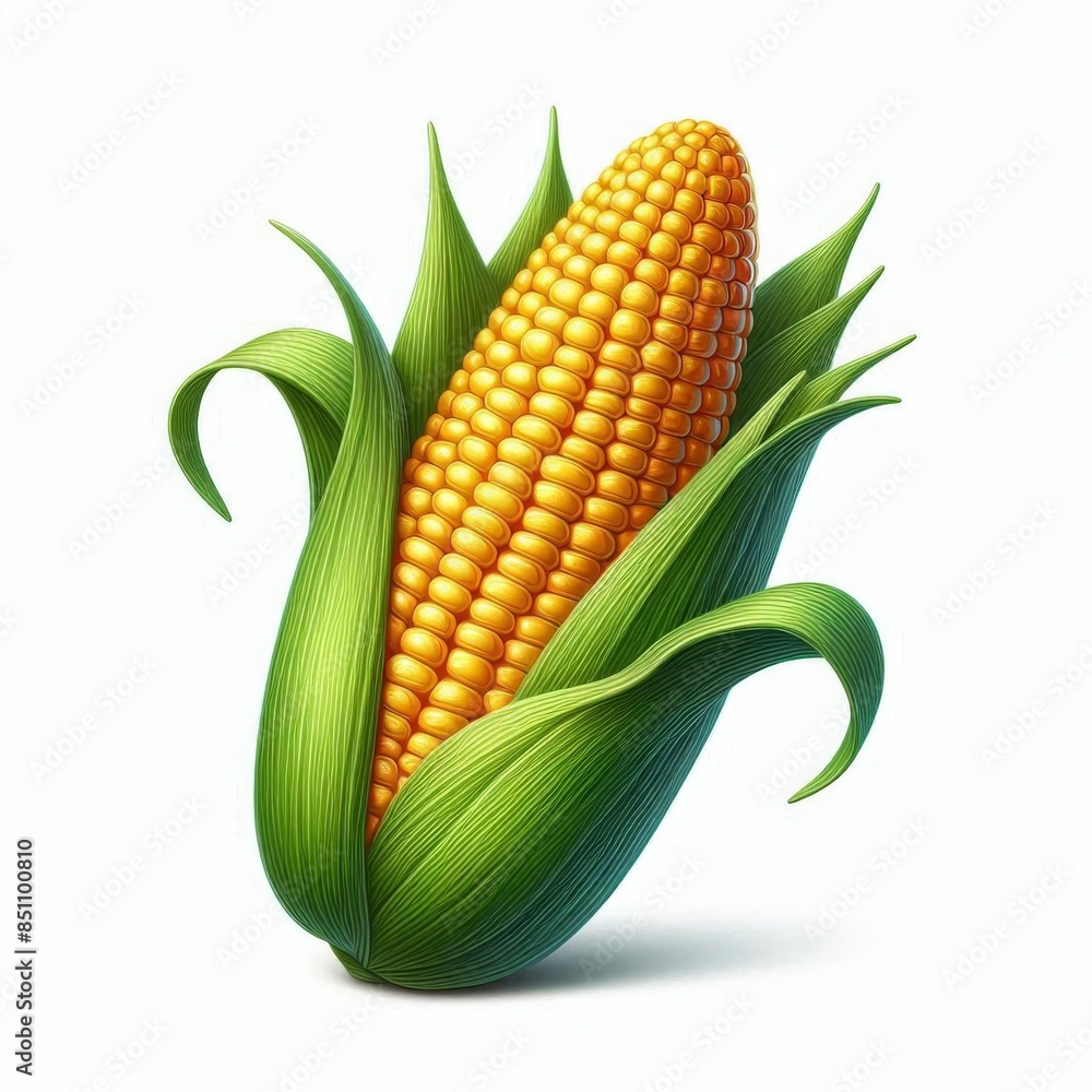 Sweet corn with fresh, bright yellow kernels displayed against a white background Sweet corn with fresh, bright yellow kernels displayed against a white background