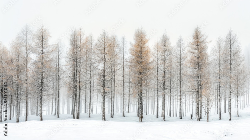 Larch tree trunks stand out against snowy backdrop under winter overcast sky Larch tree trunks stand out against snowy backdrop under winter overcast sky