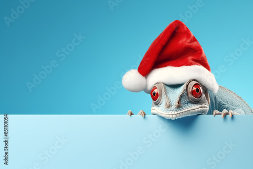 Funny chameleon in a red Santa Claus hat on a blue background. New Year or Christmas banner concept with chameleon and free space.