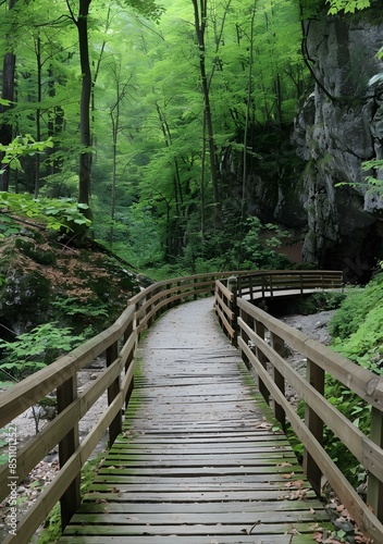 Wooden footbridge through a verdant forest © Adobe Contributor
