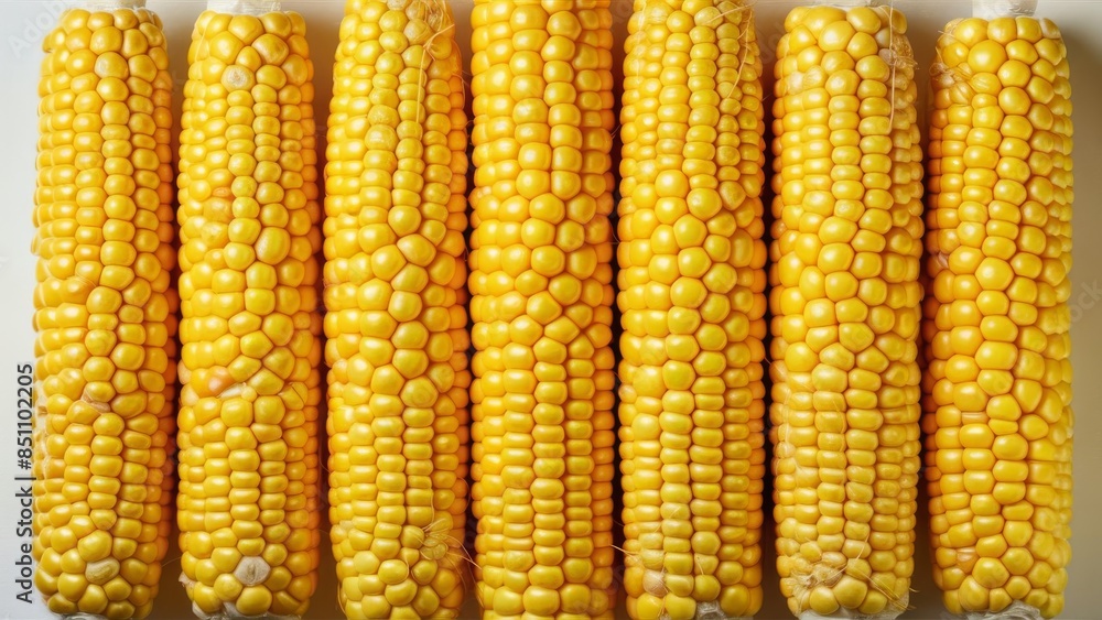 Sweet corn with fresh, bright yellow kernels displayed against a white background Sweet corn with fresh, bright yellow kernels displayed against a white background