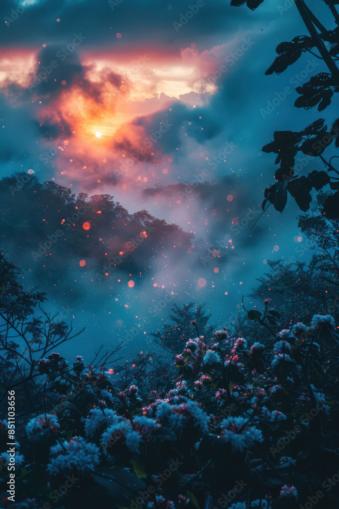 Enchanted Twilight The Mystical Beauty of Nature's Sunset Over a Misty Hillside Filled with Blooming Flowers and Glowing Embers in an Ethereal Forest Wonderland Enchanted Twilight The Mystical Beauty of Nature's Sunset Over a Misty Hillside Filled with Blooming Flowers and Glowing Embers in an Ethereal Forest Wonderland