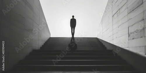 A person ascending stairs, symbolizing success in black and white. Each step represents progress and determination towards achieving goals. 🌟🚶‍♂️ Embrace the journey to success with clarity and photo