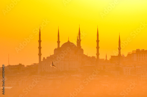 mosque at sunset at bosphorus, istanbul