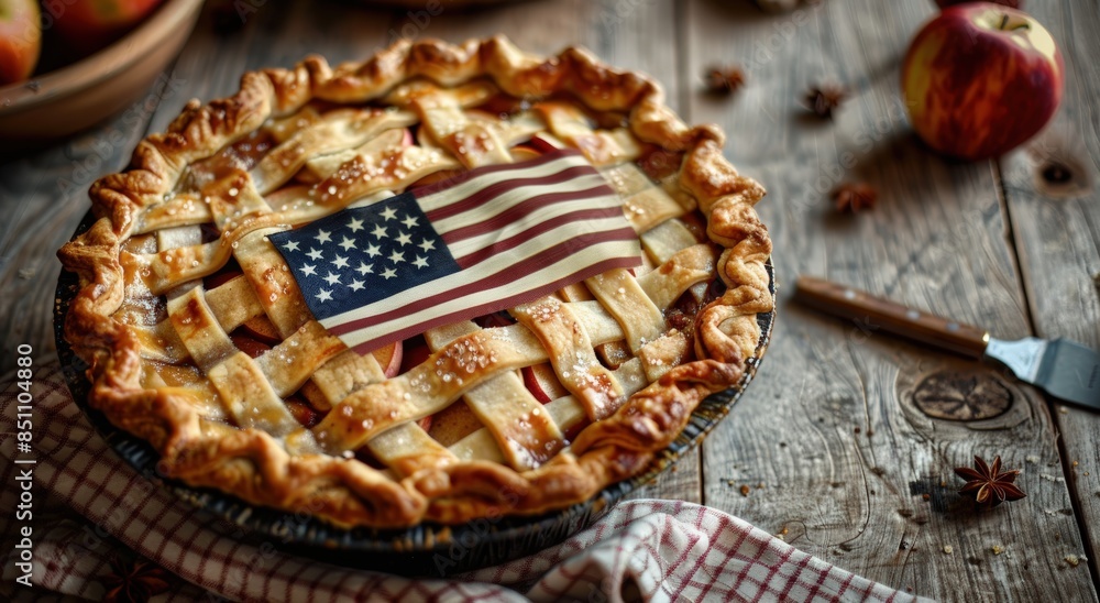 Homemade apple pie with an American flag decoration on a rustic wooden table, highlighting a classic dessert for patriotic celebrations. Homemade apple pie with an American flag decoration on a rustic wooden table, highlighting a classic dessert for patriotic celebrations.