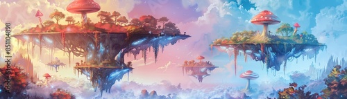 Whimsical floating islands with vibrant mushrooms and colorful skies, perfect for fantasy and surreal themes in creative projects. photo