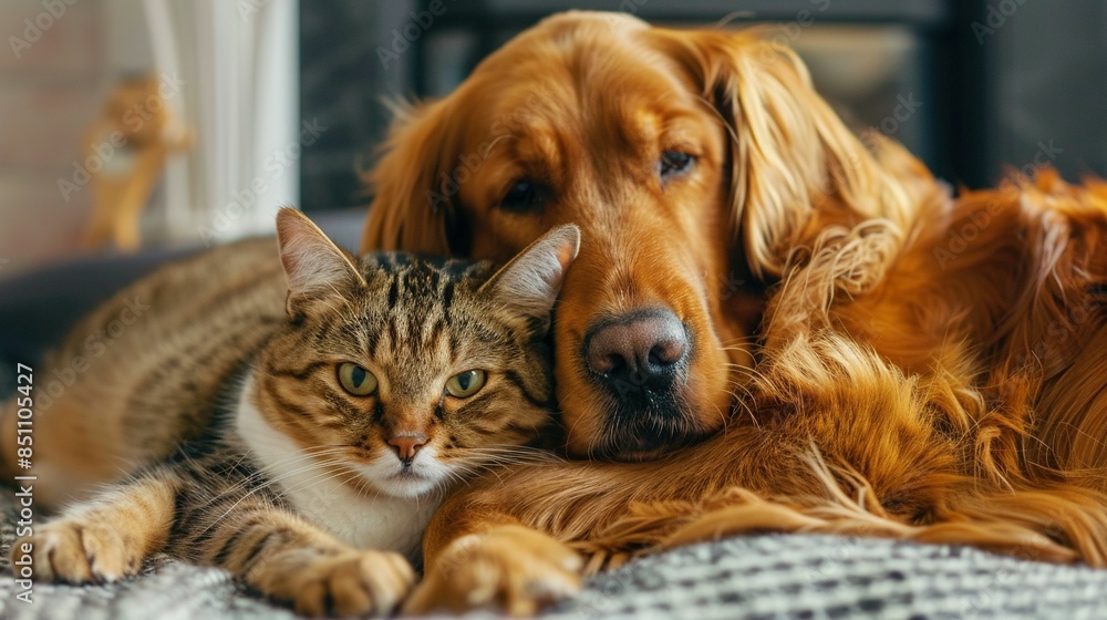 Happy Dog and Cat Together: Portrait Showcasing Their Friendship Happy Dog and Cat Together: Portrait Showcasing Their Friendship