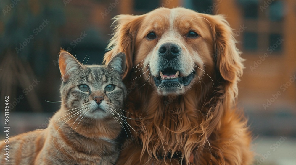 Dog and Cat Friendship: Happy Pets Looking at the Camera Together Dog and Cat Friendship: Happy Pets Looking at the Camera Together