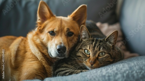 Dog and Cat Friendship: Happy Pets Looking at the Camera Together