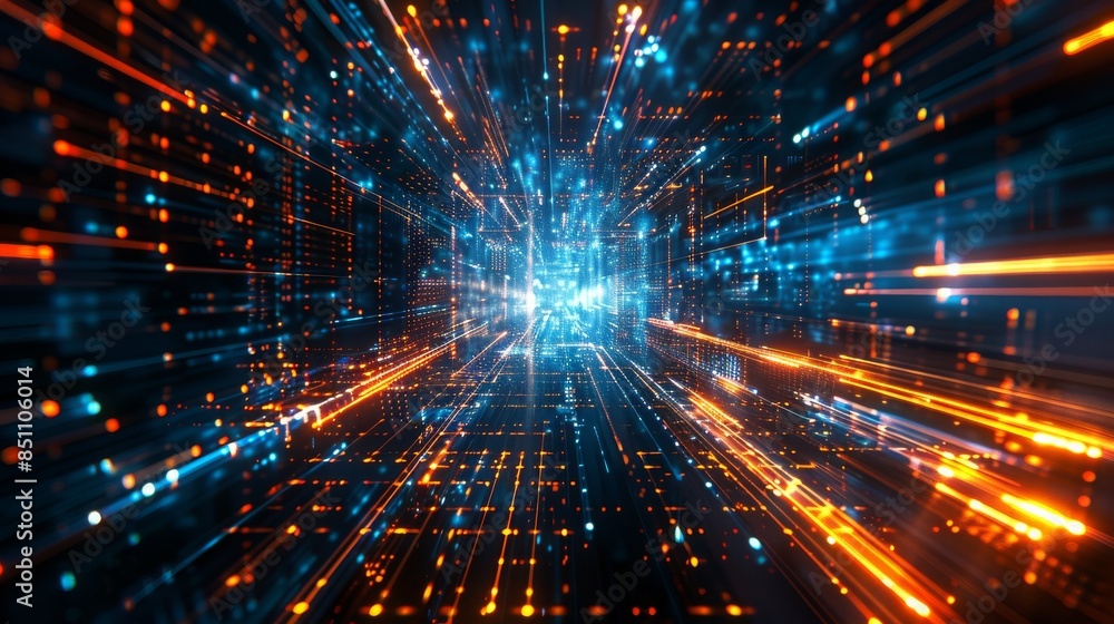 Fototapeta premium abstract Digital tunnel with blue and orange lights streaking towards a bright center