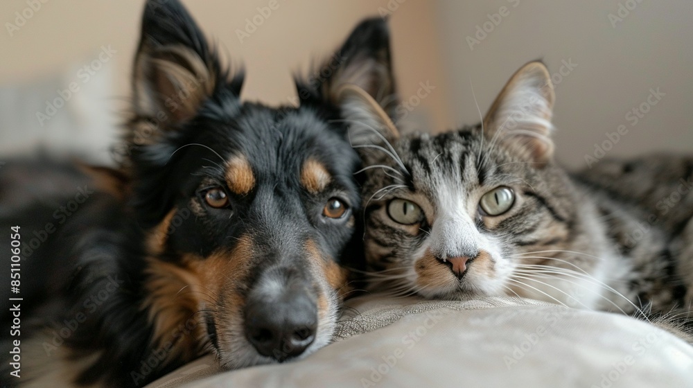 Happy Dog and Cat Looking at the Camera: Portrait of Pet Companionship Happy Dog and Cat Looking at the Camera: Portrait of Pet Companionship