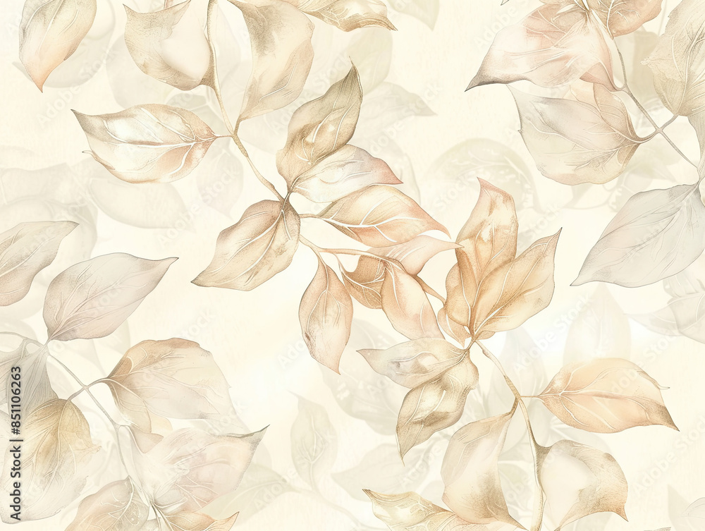 Delicate floral wallpaper, muted cream with pastel petals, flowing vines, soft lighting.