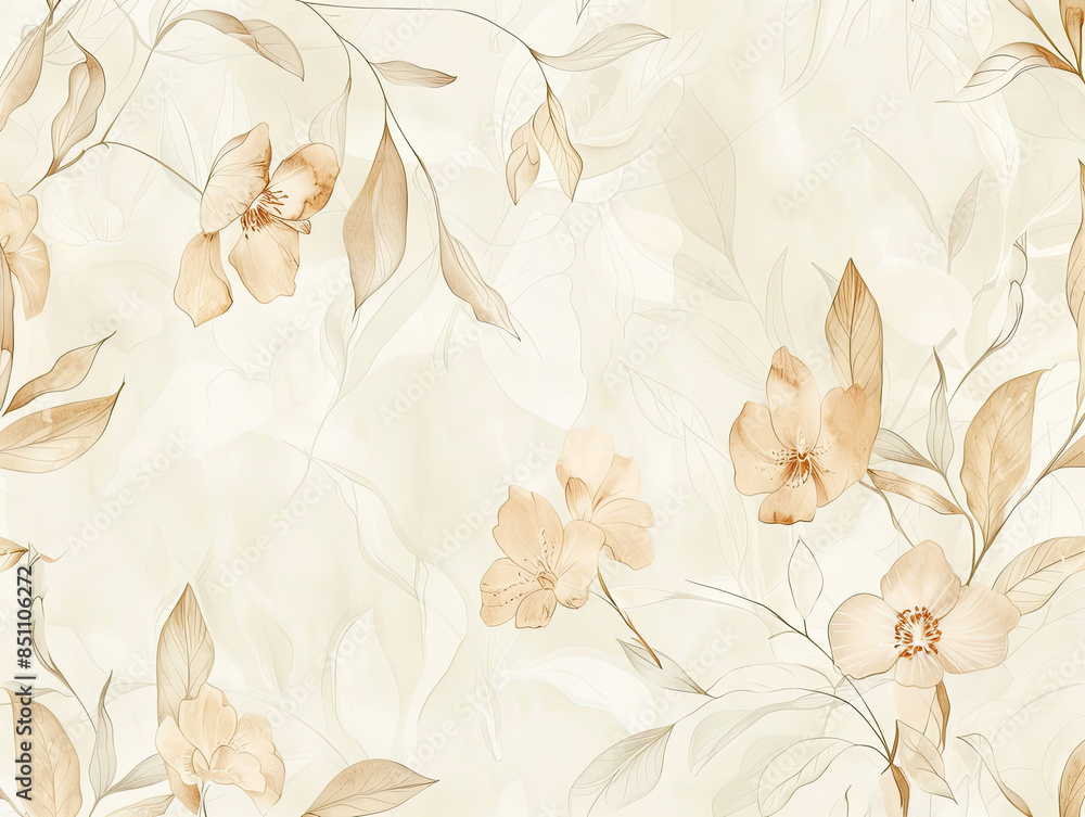 Pastel floral wallpaper, cream background, flowing vines, intricate petals, soft even lighting.
