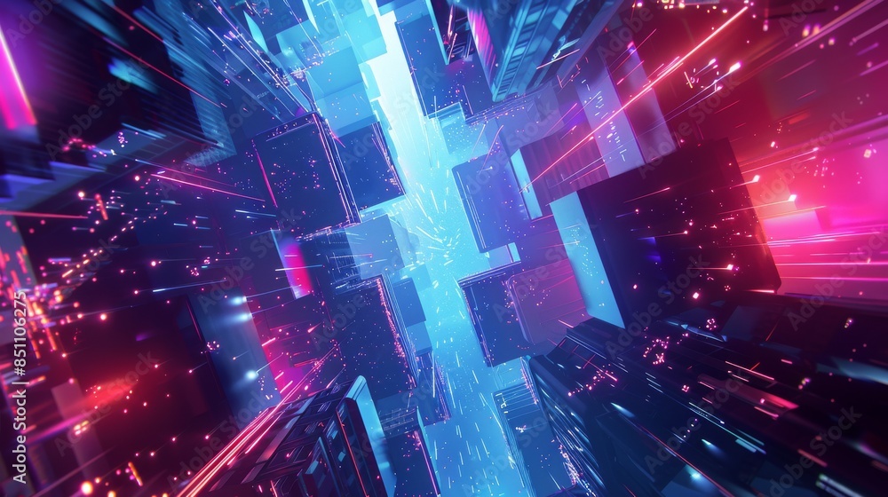 Fototapeta premium Futuristic abstract neon tunnel with geometric shapes