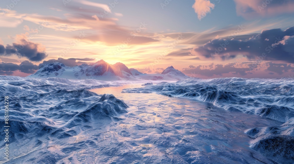 Icy sunrise over rugged terrain with snow-capped mountains and vibrant sky Icy sunrise over rugged terrain with snow-capped mountains and vibrant sky