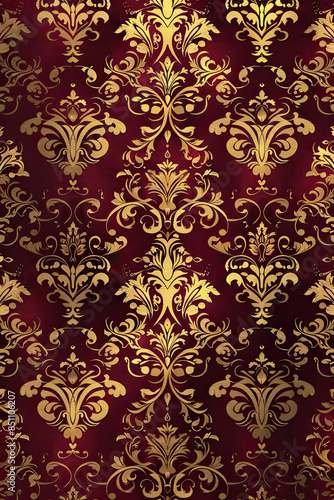 Seamless damask tile wallpaper, dark red and gold, ornate floral design, warm lighting.