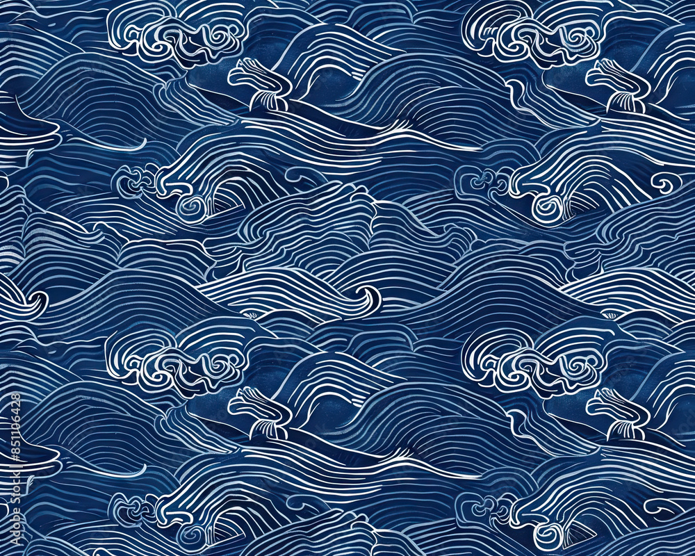 Traditional Japanese wave wallpaper, dark blue with white motifs, flowing lines, soft lighting.