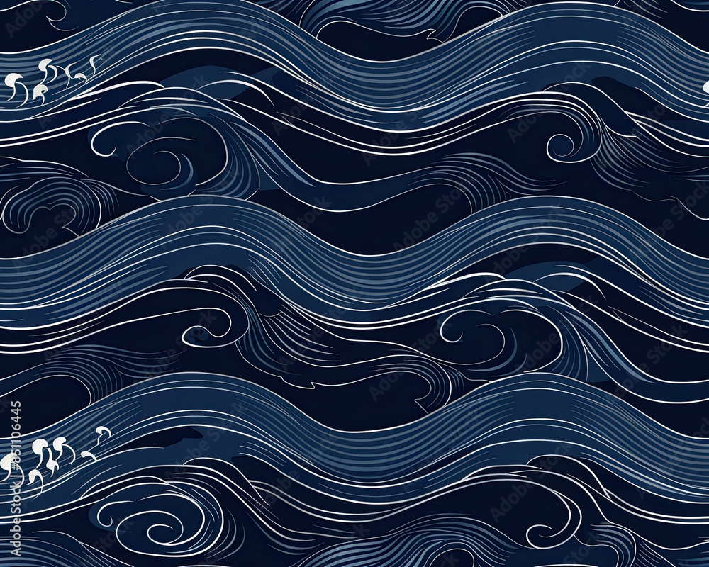 Japanese wave pattern wallpaper, dark blue with white waves, symmetrical design, even lighting.