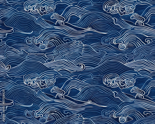 Obraz na płótnie Traditional Japanese wave wallpaper, dark blue with white motifs, flowing lines, soft lighting. w salonie