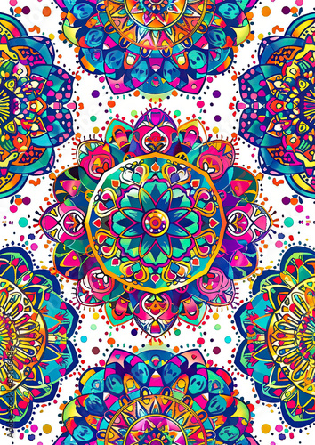 Vibrant mandala wallpaper, white with multicolor circles, detailed design, bright balanced lighting.