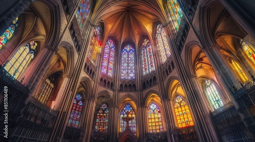 Gothic cathedral interior with tall arches and stained glass windows