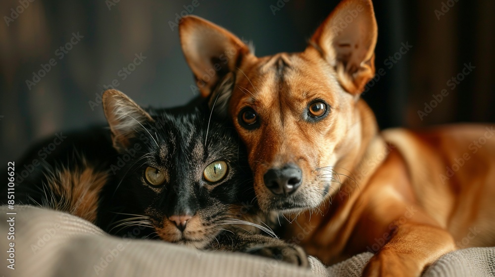 Portrait of a Dog and Cat Looking Happily at the Camera, Showcasing Their Friendship Portrait of a Dog and Cat Looking Happily at the Camera, Showcasing Their Friendship