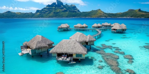 Fototapeta Naklejka Na Ścianę i Meble -  A luxury resort in a tropical paradise with overwater bungalows and turquoise waters.