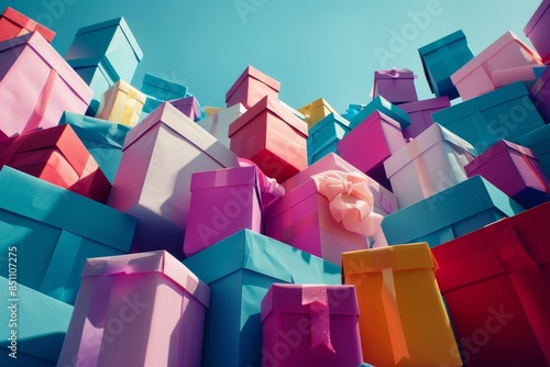Festive gift box tower   creative structure built from stacked presents, ideal for celebrations