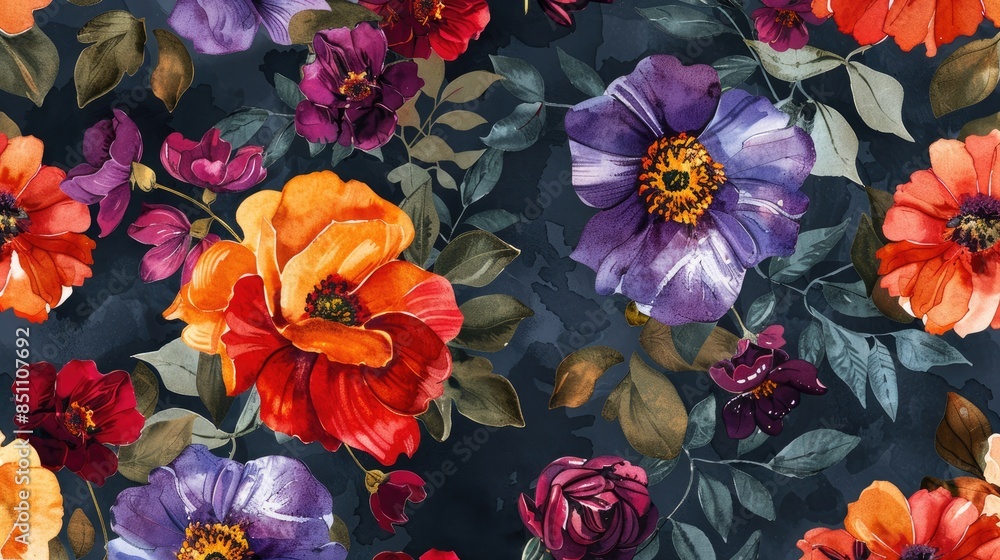 Floral pattern with bold flowers on a dark background in a watercolor style with red orange and purple blooms Floral pattern with bold flowers on a dark background in a watercolor style with red orange and purple blooms