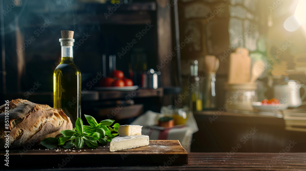 Olive oil bottle with cheese, bread, and basil on a wooden board in a rustic kitchen. Food background for culinary design, poster, banner and print. Olive oil bottle with cheese, bread, and basil on a wooden board in a rustic kitchen. Food background for culinary design, poster, banner and print.