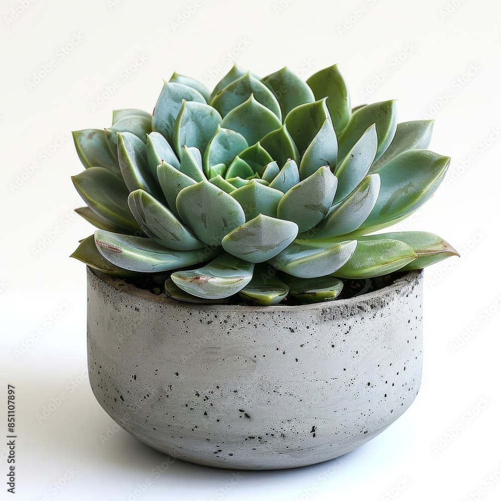 Echeveria in a concrete pot with a minimalist design isolated on a solid white background Echeveria in a concrete pot with a minimalist design isolated on a solid white background