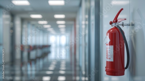 Wallpaper Mural A red fire extinguisher mounted on a wall in a modern office corridor with blurred background. Torontodigital.ca