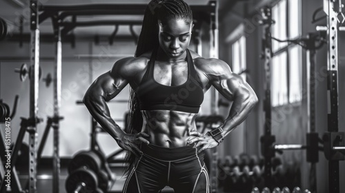 A muscular woman stands confidently in a gym, showcasing her impressive physique. © Prostock-studio