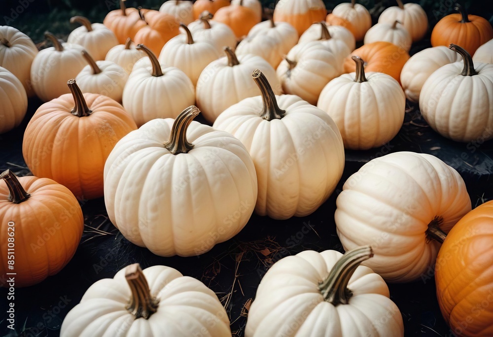 white and orange pumpkins on a dark background. Concept for autumn decor and Halloween celebration white and orange pumpkins on a dark background. Concept for autumn decor and Halloween celebration