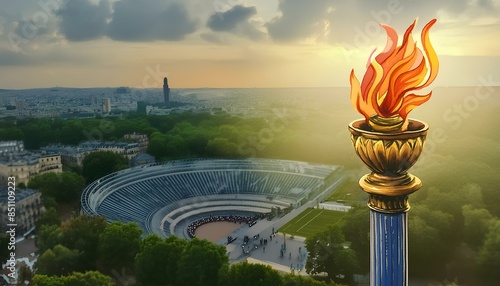 A city with a large stadium and a large torch in the foreground