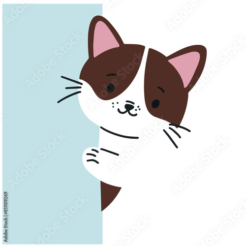 Illustration cute cat kitten peeking out from behind wall vector cartoon