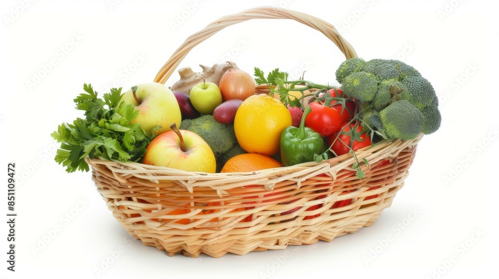 A basket of fruit and vegetables including apples, oranges, tomatoes A basket of fruit and vegetables including apples, oranges, tomatoes