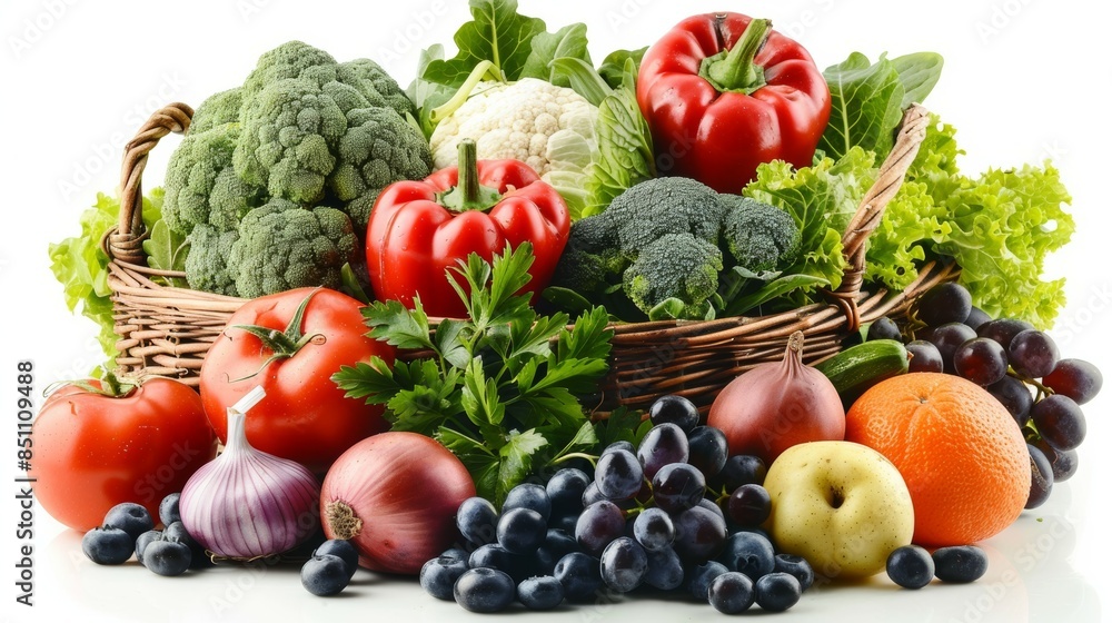 A basket of fruits and vegetables including tomatoes, grapes, and oranges A basket of fruits and vegetables including tomatoes, grapes, and oranges