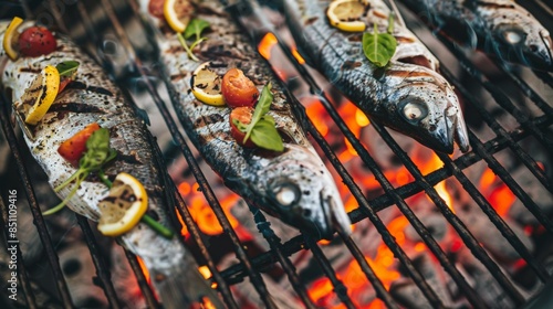 A close up of a grill with fish and vegetables on it photo