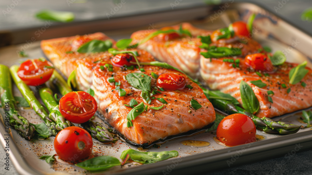 A plate of salmon with asparagus and tomatoes A plate of salmon with asparagus and tomatoes