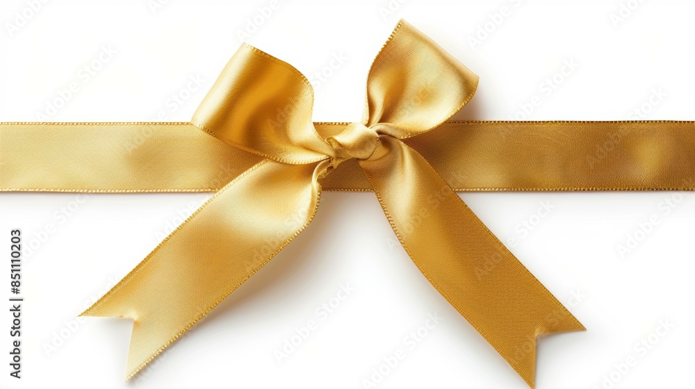 A gold ribbon with a bow is shown on a white background A gold ribbon with a bow is shown on a white background
