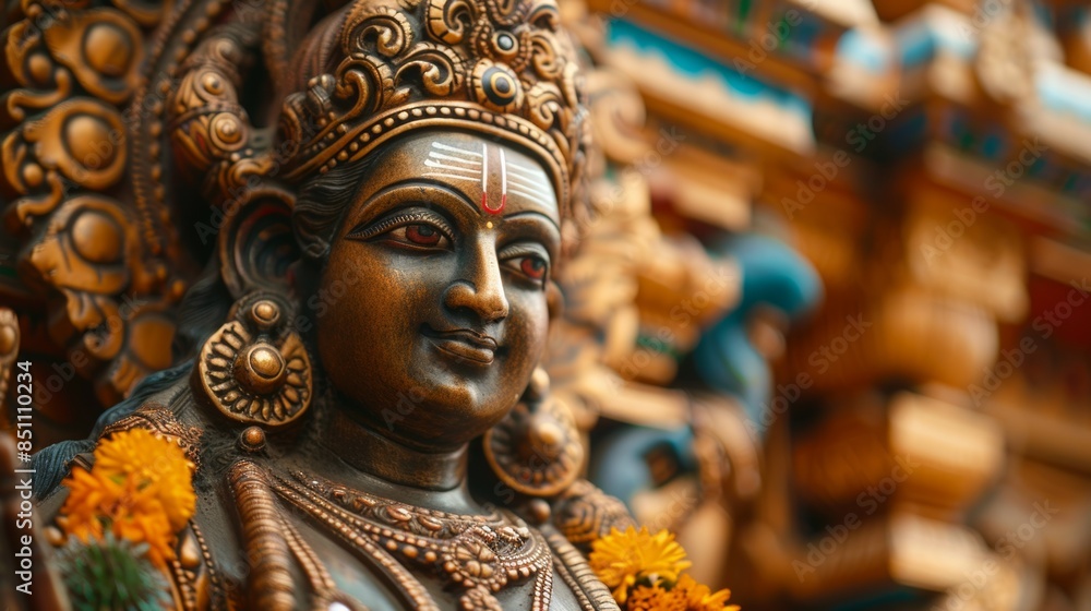 A statue of a Hindu god with gold and orange accents A statue of a Hindu god with gold and orange accents