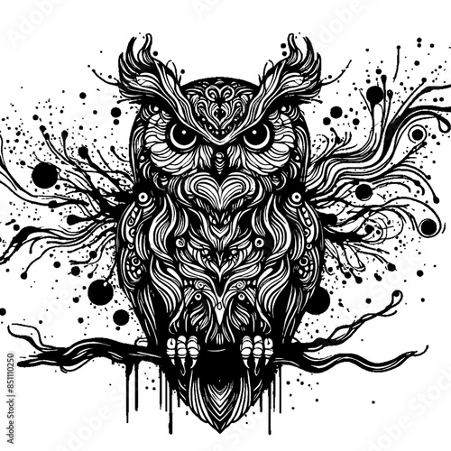 line art of black paint splashes forming an owl