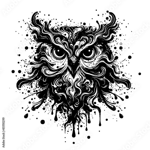 line art of black paint splashes forming an owl