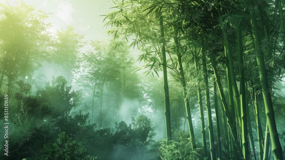 Fototapeta premium Sunlight is beaming through a foggy and lush green bamboo forest