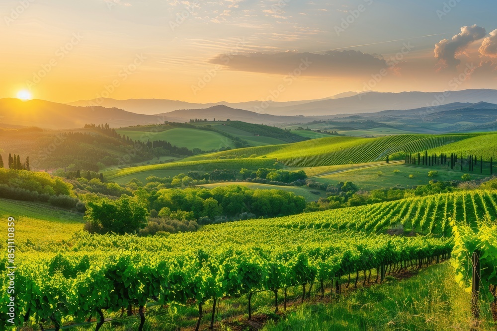 Naklejka premium A beautiful sunset over a lush green vineyard in Tuscany, Italy. AIG51A.