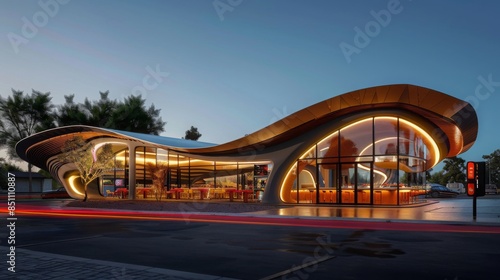 A modern restaurant with a unique, curved roof is lit up at night. The building has large windows and a patio, with trees and a street visible in the background. © Prostock-studio