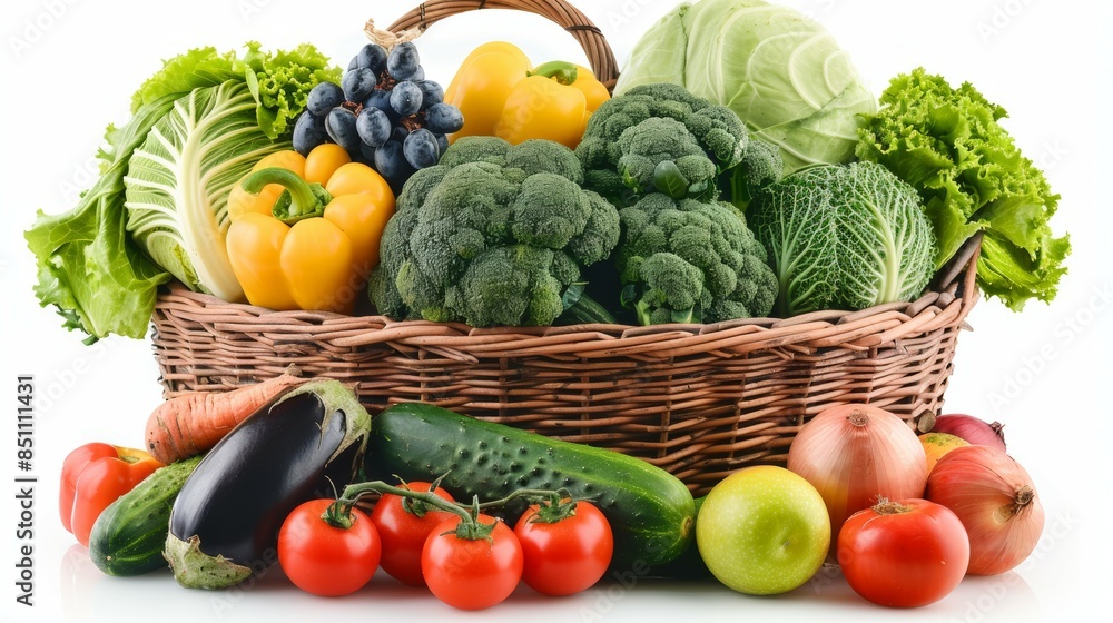 A basket of vegetables and fruits including tomatoes, cucumbers, broccoli A basket of vegetables and fruits including tomatoes, cucumbers, broccoli