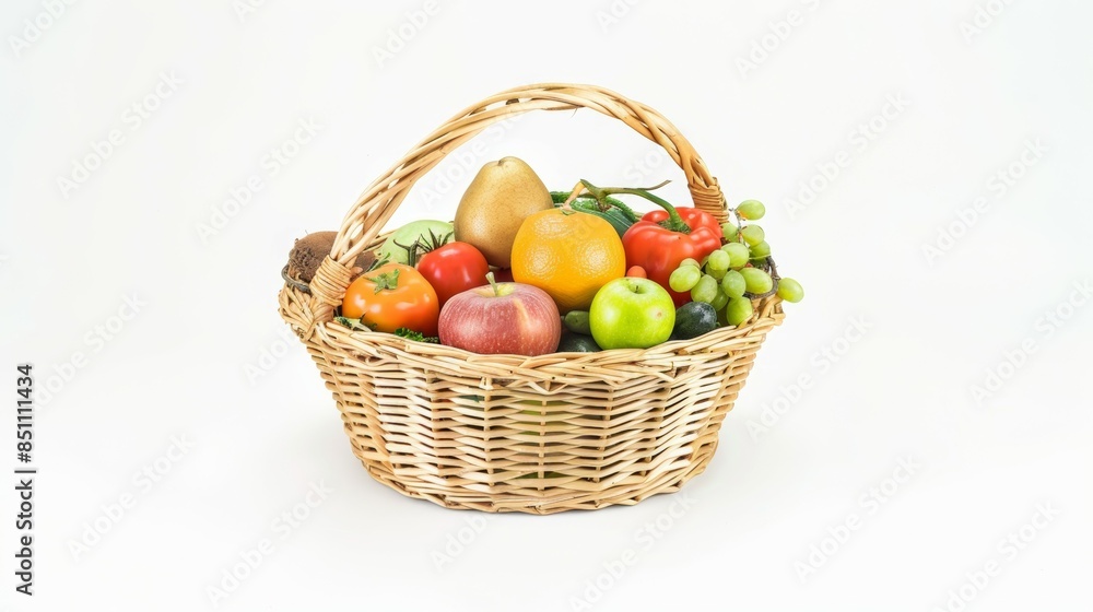 A basket of fruit is displayed on a white background A basket of fruit is displayed on a white background