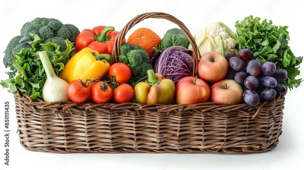 A basket of fruits and vegetables including apples, grapes, broccoli A basket of fruits and vegetables including apples, grapes, broccoli